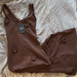 Espresso Brown Knit Maxi Dress with floral appliqué